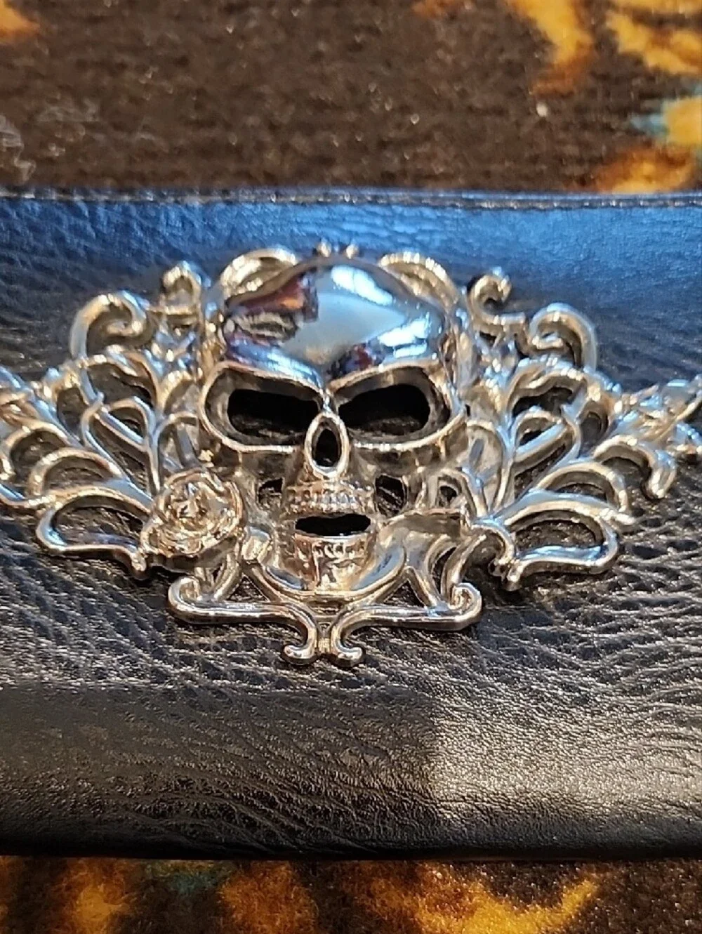 Black Skull Embellished Leather Zip Wallet - Women Accessories
